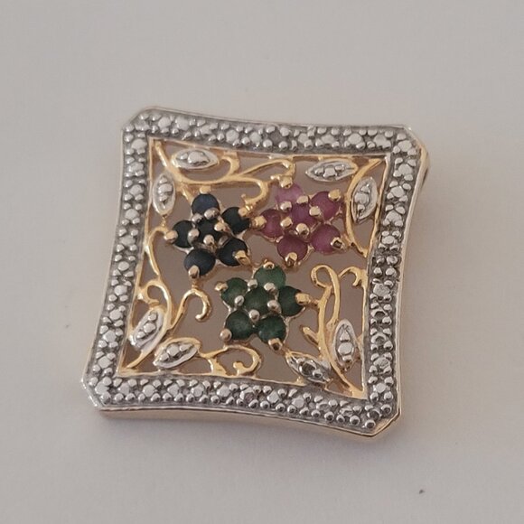 Sapphire Emerald Ruby Flower Pendant Gold Sterling - Picture 2 of 7